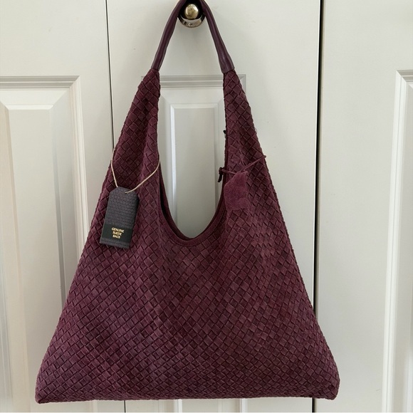 Woven Suede Leather Slouchy Hobo Shoulder Bag, Burgundy Red Purple - Picture 2 of 15